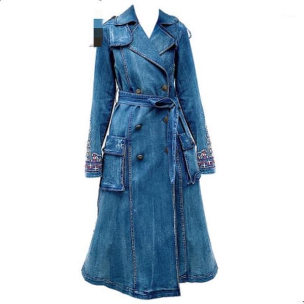 

2020 spring vintage embroidered denim trench coat women double breasted slim long jeans windbreak outercoat1, Tan;black