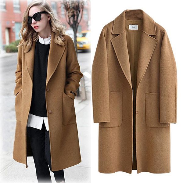 

lady big size windbreaker 2019 autumn and winter women's large size long woolen coat casual loose wool jacket female outwear 1028, Tan;black