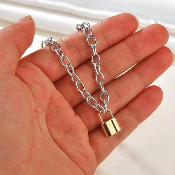 

pendant necklaces simple stainless steel gold color padlock necklace brand for men chain collar ras du cou collier femme, Silver