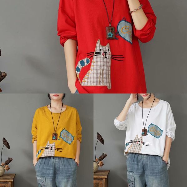 

2020 autumn t-shirt women's new versatile patch embroidered cotton loose women's long sleeve round patch embroidery patchneck perf, White