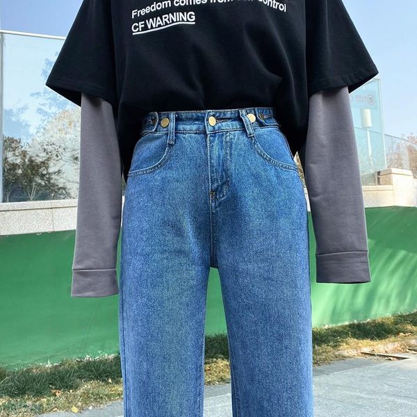 

women's jeans woman high waist plus size loose casual zipper full length mom denim straight pants, Blue