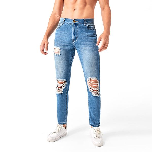 

men's slim straight wash denim trousers, Blue