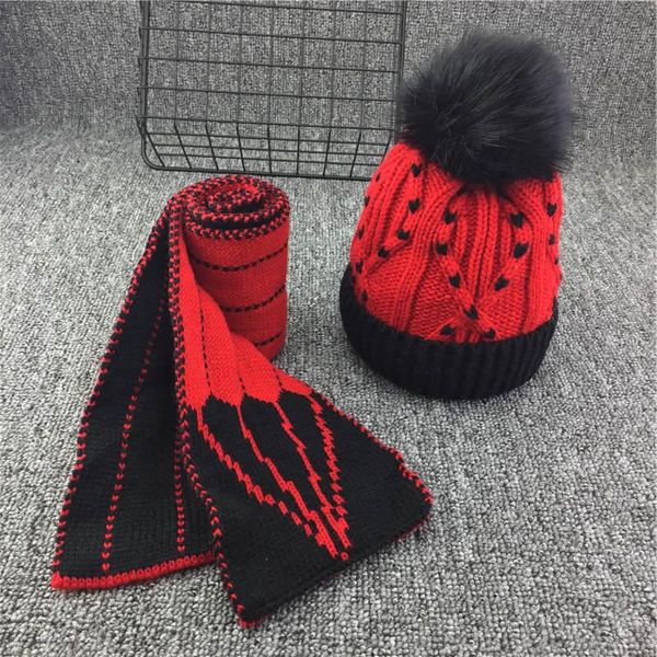 

kids knitted scarf and hat set luxury winter warm crochet hats and scarves with real fur pom beanie hat for boys and sqcptg pingtoy, Black;white