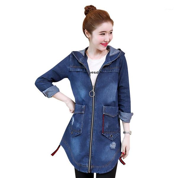 

2018 women's denim jacket long sleeve hooded slim middle lengths-3xl 5xl plus size jeans jacket vintage jeans basic coat female1, Black;brown