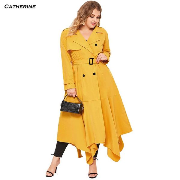 

2020 new autumn office lady plus size full sleeved trench long lace up button loose elegant turn down collar women's trench coat, Tan;black