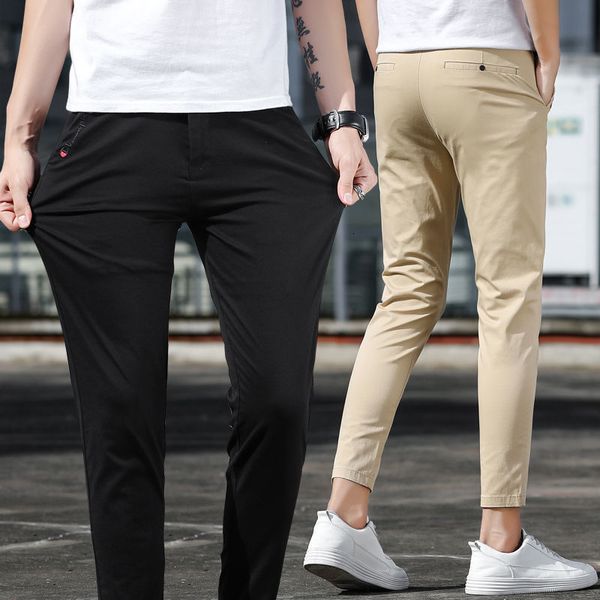 

cropped slim fit korean trend versatile leggings cotton casual pants for men's spring and autumn, Black