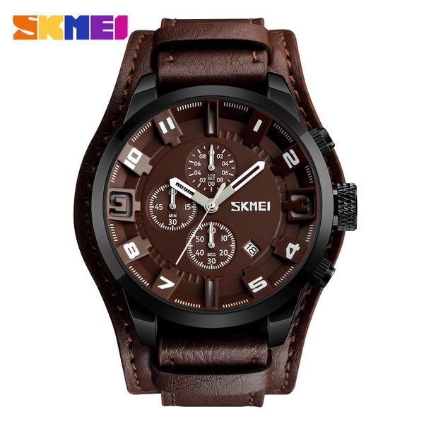 

skmei new fashion sport quartz watches men luxury business leather watch waterproof wristwatches male clock relogio masculino, Slivery;brown