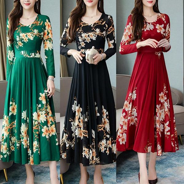 

casual dresses fashion autumn women retro floral print dress lady elegant long sleeve large swing maxi formal party, Black;gray