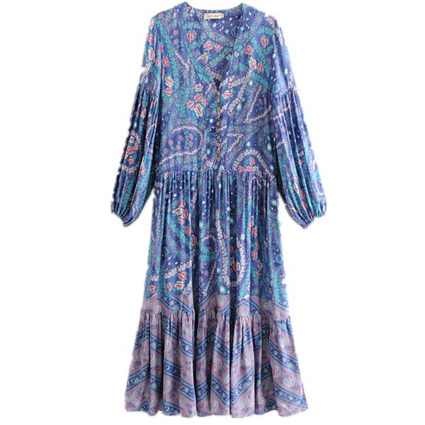 

2021 new boho floral copy from vintage plastic buttons kimono women new fashion neck long female dressed dm8s, White