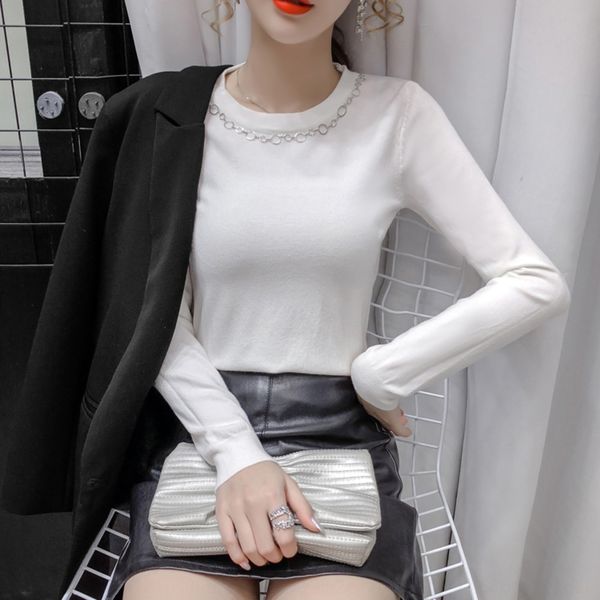 

2020 autumn new women's fashion round neck pulloversweater pullover design feeling pullover long sleeve sweater bottoming fashion t8442, White;black