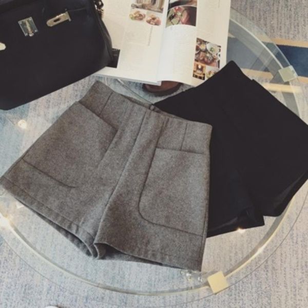 

women shorts autumn and winter high waist shorts solid casual loose thick warm elastic waist straight booty shorts pockets, White;black