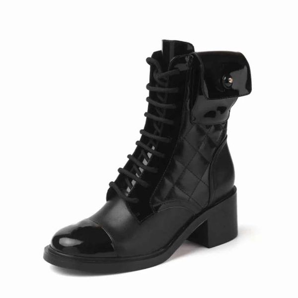 

2021 women leather shoes lace up buckle ankle boots factory direct female rough heel round head size:35-41 40, Black