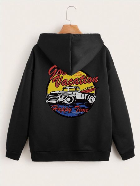 

car & letter graphic drop shoulder zipper drawstring thermal hoodie m8xz#, White;black