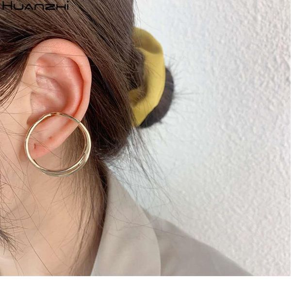

huanzhi 2020 new minimalist gold color double hollow circle without pierced ear bone cuff clip earrings for women jllqsk, Silver