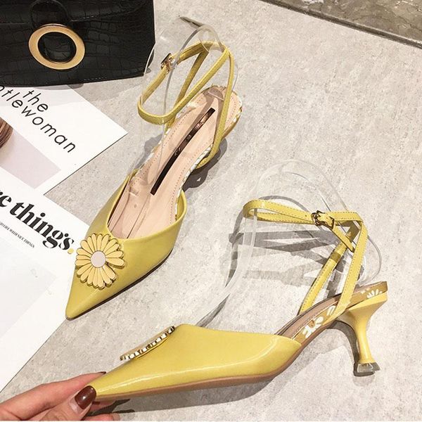 

closed toe daisy gladiator sandals women buckle strap stilletto glass high heels sandalias sunflower pointed toe femmes sandales, Black