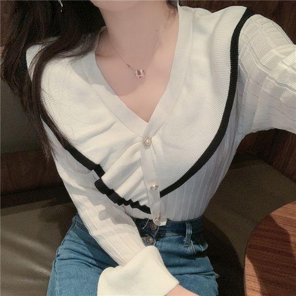 

autumn 2020 new fit ruffle v-neck short t-shirt slim trumpet long sleeve bottoming shirt for women