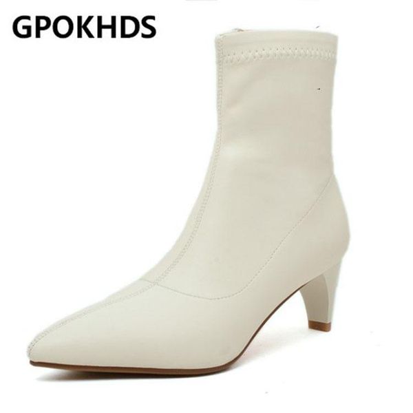 

gpokhds 2021 women soft ankle boots cow leather zippers boots winter short plush pointed toe high heels women, Black