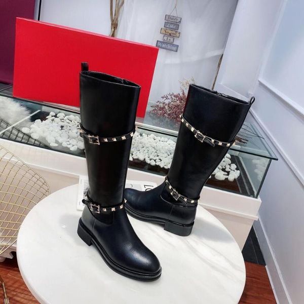 

new cowboy knight boots women rivets studded brand long boots women black real leather flat runway shoes