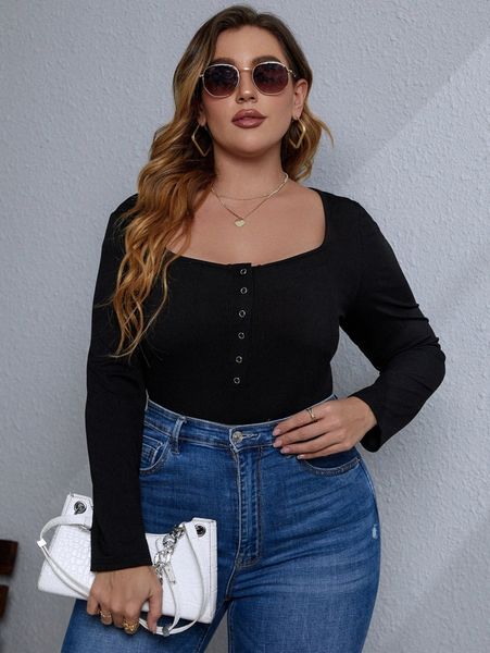 

plus half button ribbed knit bodysuit l7ou#, Black