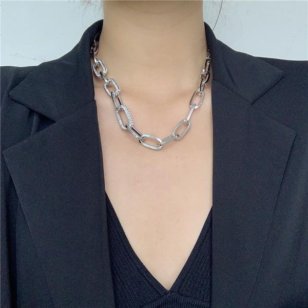 

hip hop bling rhinestone mixed cuban chain necklaces for women simple silver wide curb link chunky chokers necklace streetwear, Golden;silver