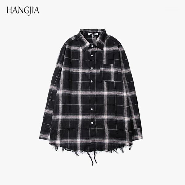 

hangjia] vintage plaid long sleeve shirts tide brand men 2018 new black/white handsome irregular cropped loose shirt1, White;black