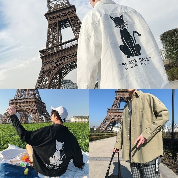 

tjklj chic korean style korean men's coat style trendy loose coat shirt shirtprinting ulzzang new shirt super ins long sleeve gdflb, Blue