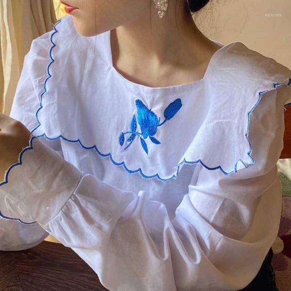 

zcsmll korean chic foreign gentle navy collar embroidered rose design back single breasted waist long sleeve shirt female1, White
