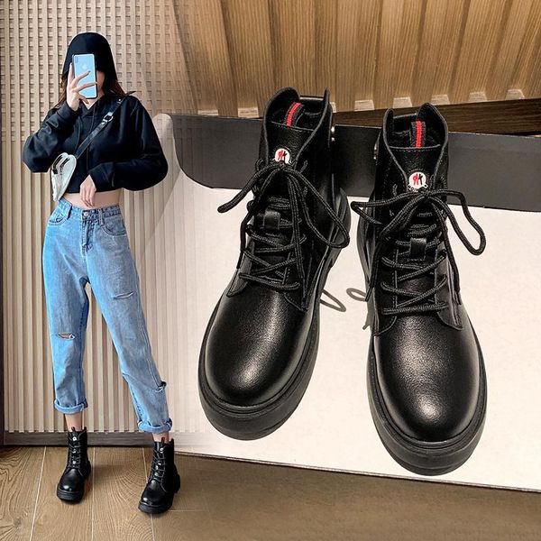

boots 2021 women vintage genuine leather flat ankle ladies autumn winter bullock casual platform, Black