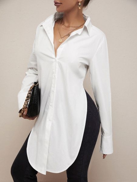 

curved hem solid blouse 19qn#, White
