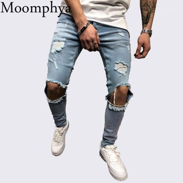 

moomphya distressed ripped holes skinny jeans men streetwear hip hop men jeans slim biker hombre1, Blue