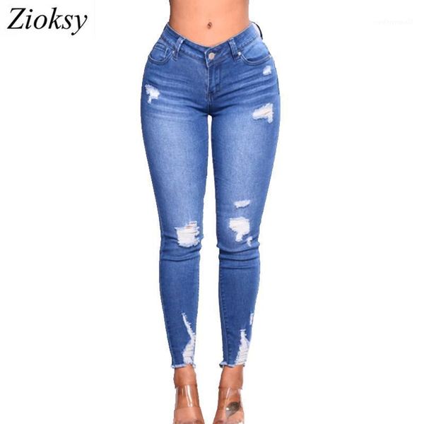 

women's jeans womens skinny long pencil pants slim high waist elastic denim hole leggings female cotton women1, Blue