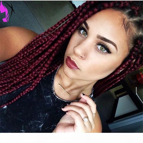

long 12-30inches burgundy color braided wigs with baby hair heat resistant synthetic lace front wigs for black women