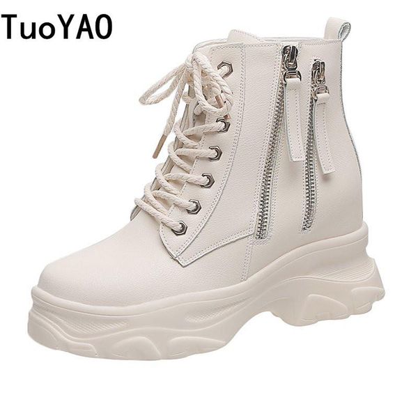

autumn high platform sneakers 8cm high heels women thick sole ankle boots leather wedge winter casual shoes white boots new 2020, Black