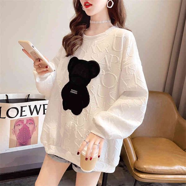 

women's sweatshirts harajuku couples overszie letter jacquard o-neck pullovers long sleeve loose autumn spring bear streetwear, Black