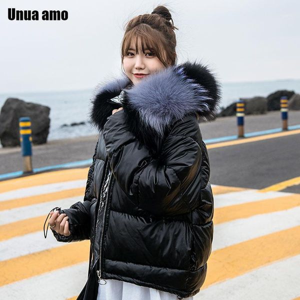 

unua amo winter down jacket women hooded fur collar women's parka 2020 fashion glossy waterproof warm puffer jacket coat1, Black