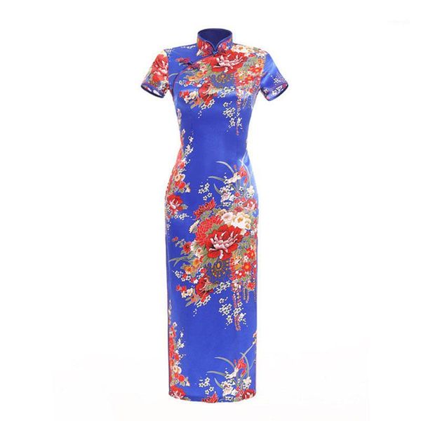 

chinese women evening dress mandarin collar satin qipao print floral party gowns plus size 6xl female long sleeve cheongsam1, Red