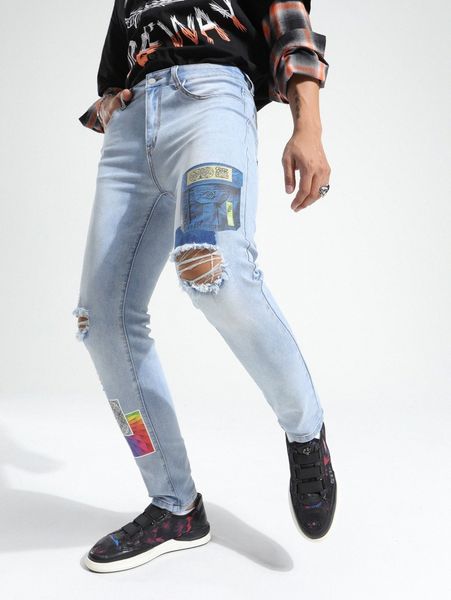 

men graphic print ripped skinny jeans c9px#, Blue