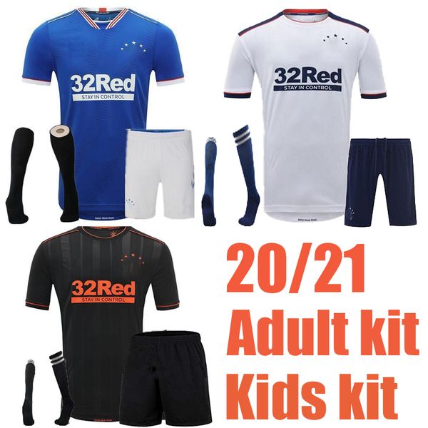 

kit kids children kit socks 20 21 glasgow rangers fc gerrard soccer jerseys 2020 2021 defoe dauis home away 3rd football shirts, Black
