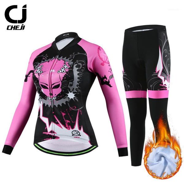 

racing sets cheji winter windproof riding cycling jersey set women thermal fleece road bike clothing sports breathable bicycle set1, Black;blue