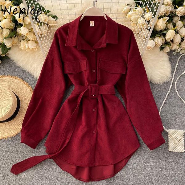 

neploe chic sashes slim waist women blouse 2020 autumn elegant turn-down collar femme blusas solid color single breasted shirt1, White