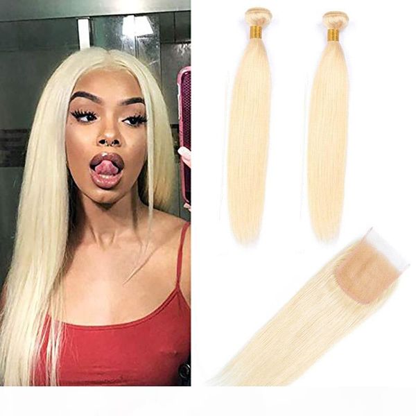 

brazilian virgin hair extensions 613 blonde straight human hair blonde 613# color 2 bundles with 4x4 lace closure middle three part, Black;brown