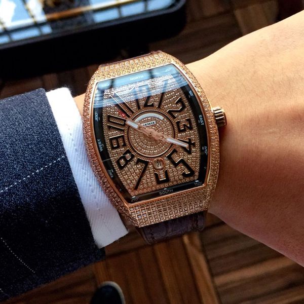 

luxury watch v45 sc dt fully automatic mechanical movement full diamond face auto date convenient pin buckle strap, Slivery;brown