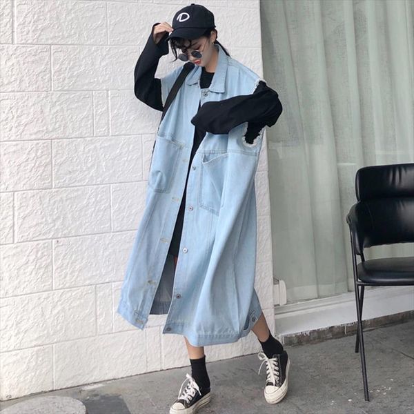 

2020 vintage streetwear denim sleeveless long coat famale harajuku waistcoat double pockets loose over knee vest yj58605, Black;white