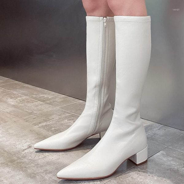 

women's great pu leather med heel side zip autumn knee high boots pointed toe elegant ladies pointed toe winter warm plush shoes1, Black