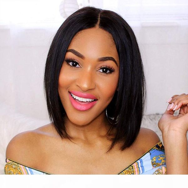 

silky straight bob 13x4 lace front wig full lace human hair natural color pre plucked natural hairline with baby hair for black women, Black;brown