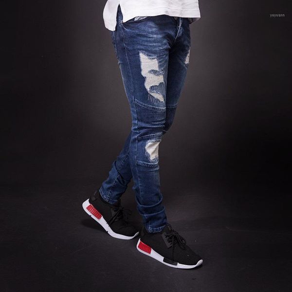 

europe and america gentleman jeans with holes embroidery elasticity skinny pants new style men's wear1, Blue