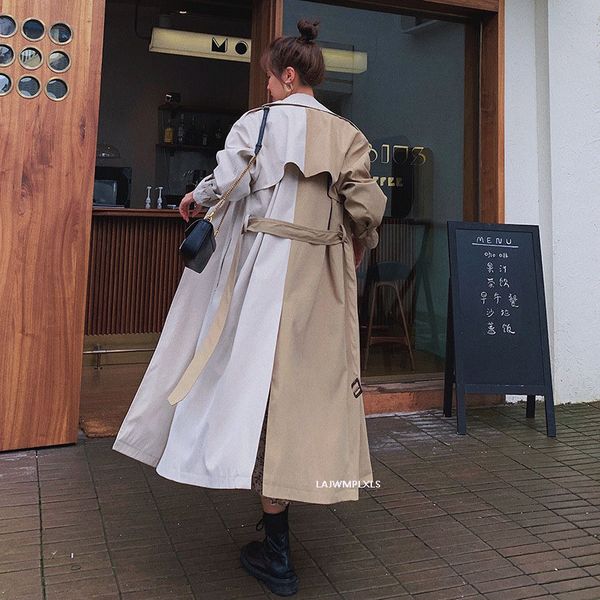 

2020 new spring autumn long women trench coat double breasted belted personality stitching loose coat lady outerwear fashion f33 1031, Tan;black