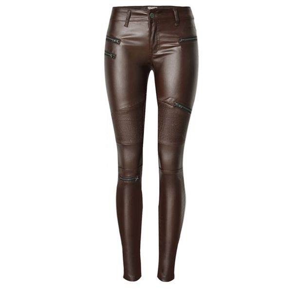 Braun beschichtete Jeans für Damen, Skinny Stretch, niedrige Taille, Motorrad-Biker-Jeans, Multi-Reißverschluss, Punk, Kunstleder, Bleistifthose 201106