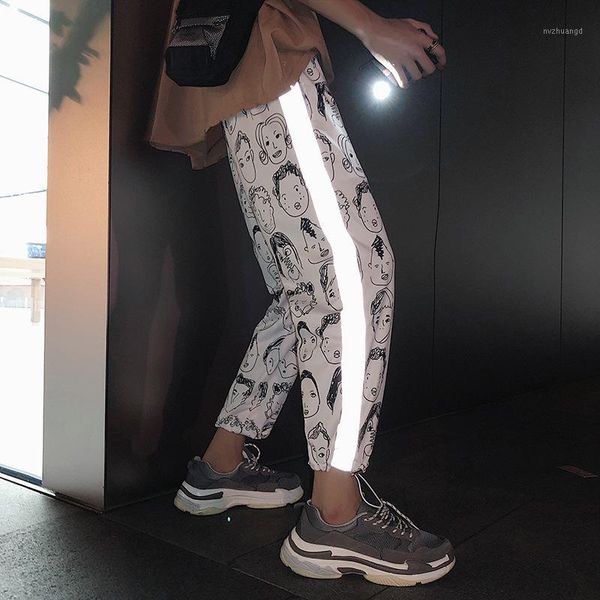 

reflective cartoon print harem pants women hip hop casual high waist drawstring trousers female plus size loose pencil pants1, Black;white