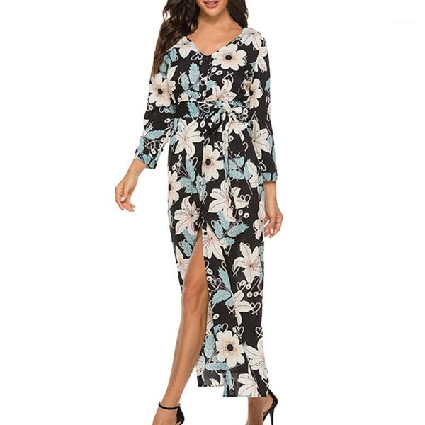 

casual dresses women long maxi dress 2021 summer floral print boho beach short sleeve evening party tunic vestidos plus size #f51, Black;gray
